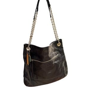 Coach Black Leather Chain Shoulder‎ Bag Hobo Purse Charm Accent